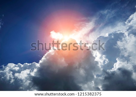 Blue sky with cloud. Clearing day and Good weather in the morning. Sunset with sun rays, sky with clouds and sun.Plain landscape background for summer.                                  