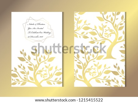 Elegant golden cards with decorative trees, design elements. Can be used for wedding, baby shower, mothers day, valentines, birthday, rsvp cards, invitations, greetings. Golden template background