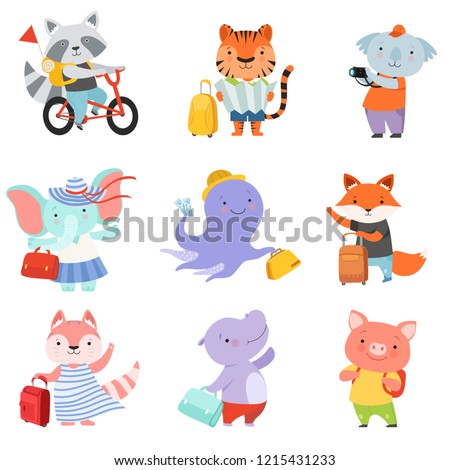 Cute cartoon animals set, raccoon, tiger, coala, elephant, octopus, fox, cat, mouse, piglet travelling on summer vacation vector Illustration on a white background