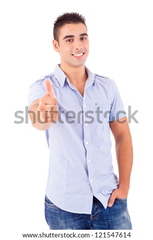 Studio picture of a young handsome man signaling ok