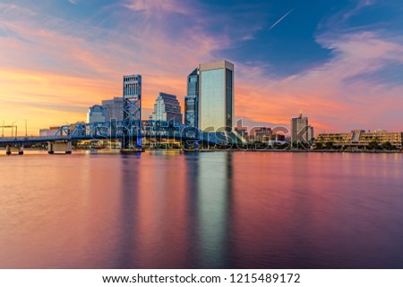 Skyline of Jacksonville, FL and Main Street Bridge at Sunset