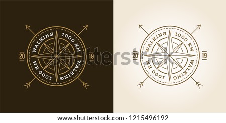 Camping, Adventure, Expedition Logo Vector Illustration. Badge. Outdoor Leisure, Compass, Stamp. Vintage Typography Design Set Royalty-Free Stock Photo #1215496192