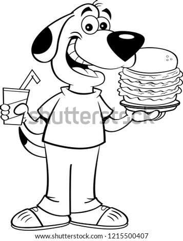 Black and white illustration of a dog holding a hamburger and a drink.