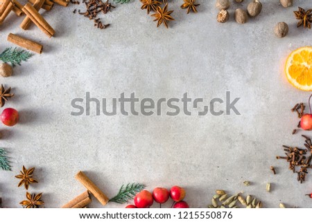 Christmas spices background, frame of christmas food, flat lay, top view