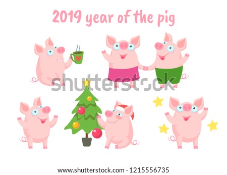 Set of cute funny pigs isolated on white background. Symbol of the Chinese New Year 2019. Vector illustration in cartoon style.