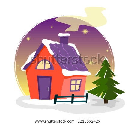 Cute country house with a Christmas tree, fence and stars on a white background. Flat style illustration. Perfect decor for Christmas or the new year.