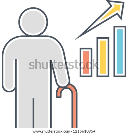 Line vector icon of growth chart and person holding a walking stick illustration, retirement savings concept