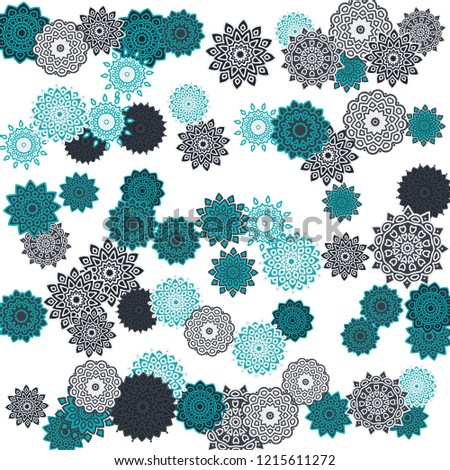 Ethnic Orient Background with Simple Mandala Motives. Outline Round Patterns on White Background. Bohemian Vintage  Background in Indian Style. Lacy Medallions. Moroccan, Turkish or Arabic Pattern