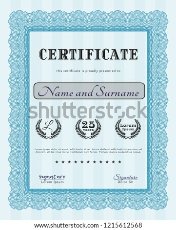 Light blue Awesome Certificate template. With guilloche pattern. Detailed. Cordial design. 