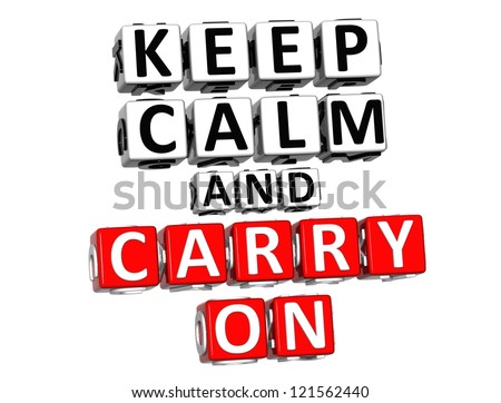 3D Keep Calm And Carry On Button Click Here Block Text over white background