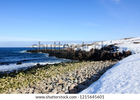 Russian Arctic View, North. Sky with clouds and blue sky reflection in water with waves and snow mountains background with stones grass foreground. Picturesque landscape view, nature scenery beauty