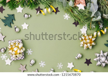  Christmas frame  with  Decorations in Green and Black colors. Flat lay, top view