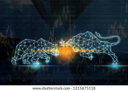 polygonal bull and bear shape writing by lines and dots over the Stock market chart with information over the Modern business building glass of skyscrapers, trading and finance investment concept Royalty-Free Stock Photo #1215675118