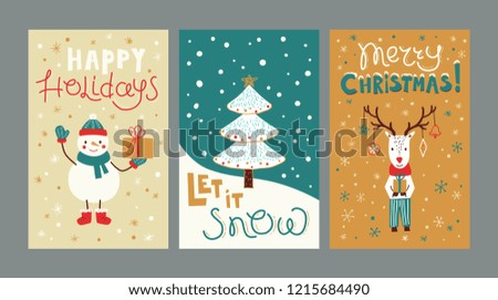 Set christmas cards templates with hand drawn holiday elements and lettering. Cartoon deer, snowman, christmas tree. Vector illustration