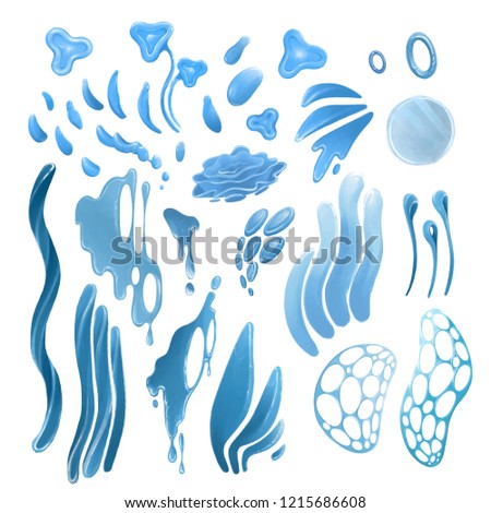 Abstract collection of fantasy plant, net structures and liquid substance. Digitally painted conceptual art isolated on white background