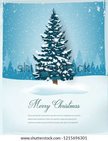 Christmas tree with snowy winter landscape. Holiday background. Merry Christmas and Happy New Year. Vector illustration