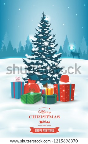 Christmas tree with decorations and gift boxes. Holiday background. Merry Christmas and Happy New Year. Vector illustration