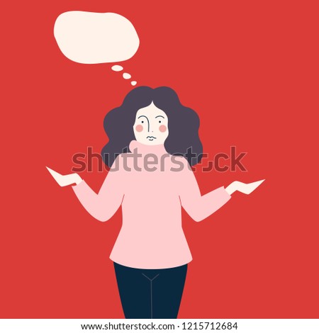 girl's thoughts, girl thinks, on red background, woman, flat, cartoon girl