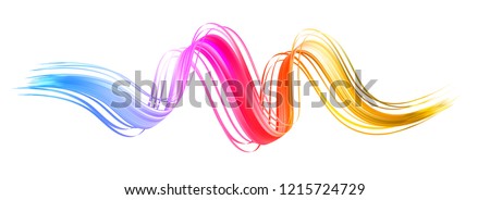 Colorful flow brushstroke. Ribbon isolated line.. Realistic volume wave. Liquid paint ink shape isolated on white background. Cover page for your design project. Real vector illustration swirl blur.