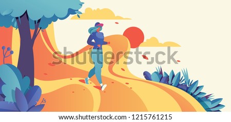 Horizontal illustration good for banner design with running woman. Jogging sport illustration in bright colors and gradients with sky, sun and greenery Royalty-Free Stock Photo #1215761215