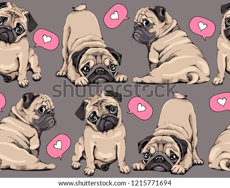 Seamless pattern. Adorable beige Pug puppies and pink hearts. Textile composition, hand drawn style print. Vector illustration.