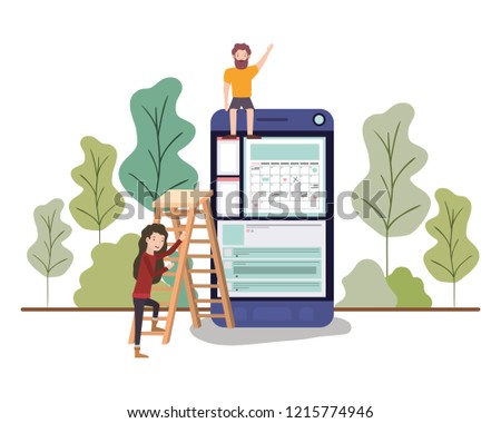 couple with smartphone in landscape avatar character