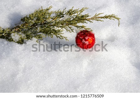 Traditional Christmas symbols on the snow. Decorations for the Christmas tree