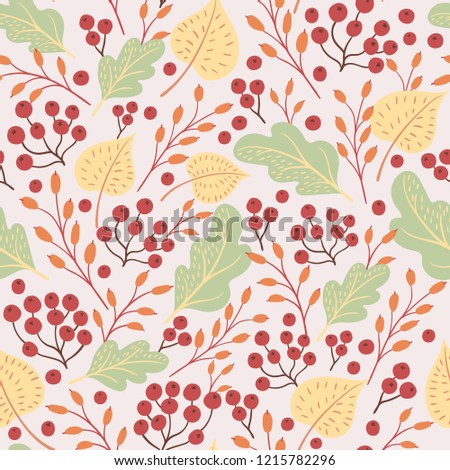 Seamless natural autumn pattern with colored leaves and fruits drawn by hand on a light background. Vector illustration for thanksgiving day.
