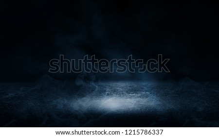 Background of empty street at night, neon light, asphalt, concrete, smoke, smog