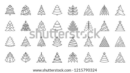 Christmas Tree thin line icons set. Outline sign kit of winter time. Linear spruce, fir, pine icon collection. New year holiday Simple black contour xmas symbol isolated on white vector Illustration