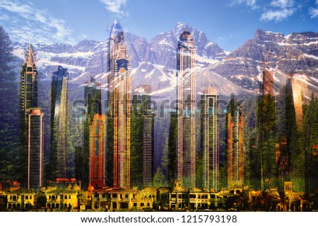 Powerful Double Exposure Photo Illustrating The Green Forest Appearing Through The Concrete Dubai Skyscrapers. 