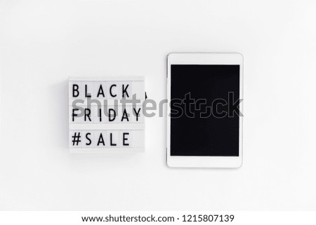 Creative Top view flat lay promotion composition Black friday sale text on lightbox tablet white background copy space Template Black friday sale mockup fall thanksgiving promotion advertising