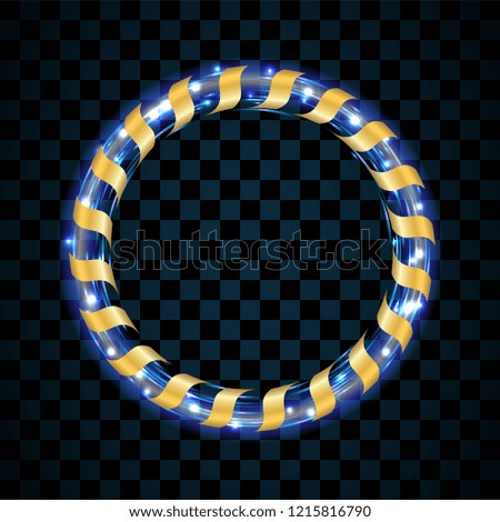 Gold and blue circle isolated on transparent black background. Golden ring frame. Glitter round with bright sparkles. Bright design element for Christmas or Happy New Year border Vector illustration