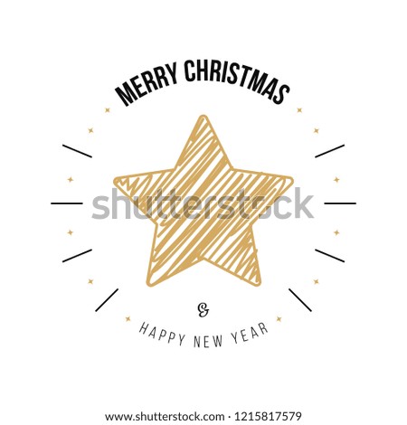 Merry christmas greeting calligraphy gold star scribble white background