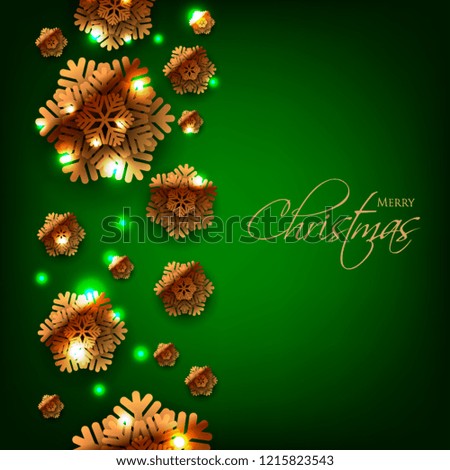 Merry Christmas Party invitation. Gold Origami Paper cut snowflake. Happy New Year Decoration. Winter snowflakes background. Seasonal holidays. Snowfall. Origami. Green background. Vector 3D