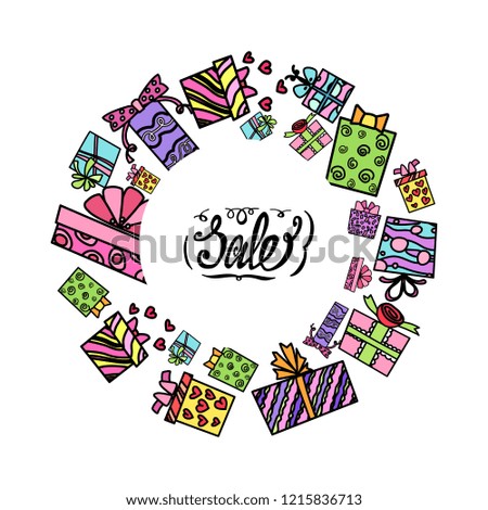  illustration, gift boxes wreath with hand drawn "Sale" lettering inside. Black outline. Can be used for promotion, sale labels, discount announcement, banners.