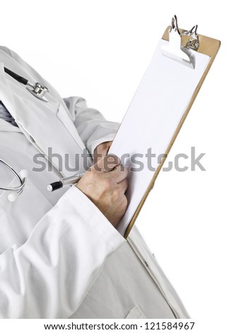 Cropped image of a medical doctor holding a pen and blank clipboard with empty paper over a white background