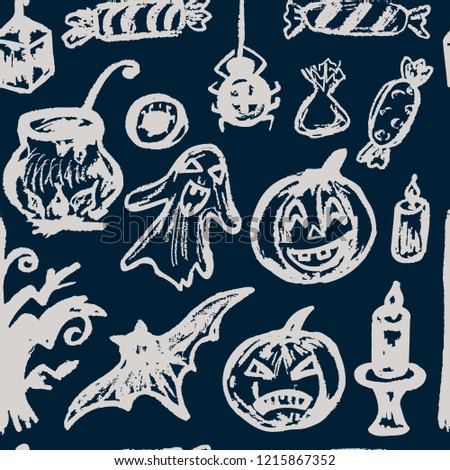 Halloween. Seamless Pattern. Collection of festive elements. Autumn holidays. Pumpkin, ghost, spider, candy, eye, cauldron, wood, bat, candle