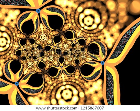 A hand drawing pattern made of orange yellow and blue on a black background.
