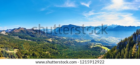 A Big panoramic photo of the Austrian alps. Salzkammergut region. View from Predigtstuhl.  Royalty-Free Stock Photo #1215912922