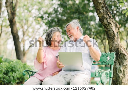 Happy senior Asian couple laughing and celebrating success together with laptop in park