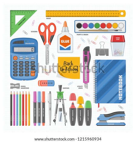 Office supply vector stationery school tools icons and accessories of education assortment pencil marker pen calculator illustration set isolated on white background