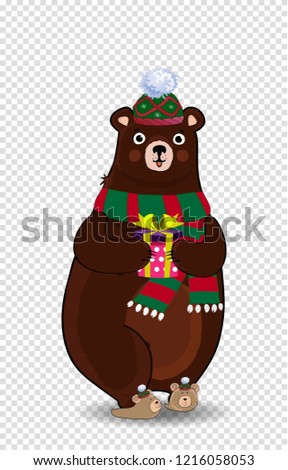 Vector illustration of cute cartoon bear character in green knitted hat and scarf holding gift box isolated on transparent background. Clip art for greeting card, flyer, invitation, element for design
