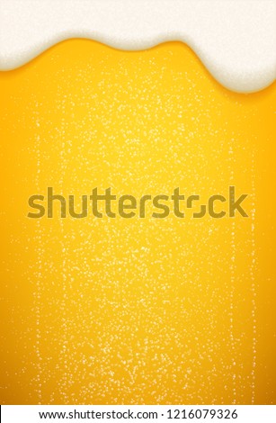 Beer foam and bubbles background. Vector poster template of seamless realistic craft beer with flowing foam and bubbles Royalty-Free Stock Photo #1216079326