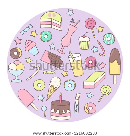 Set with hand drawn sweets icon in doodle style. Vector illustration in pastel colours. Suitable for icons, templates, cafe and coffee shop menu.