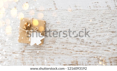 Christmas background with xmas gifts on white wood. Merry Сhristmas greeting card. Winter season holiday background. Happy New Year.