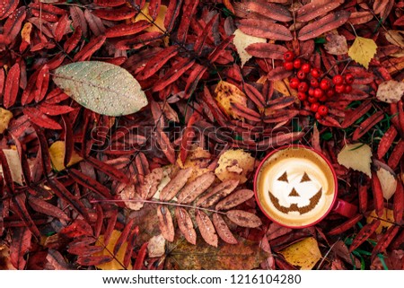 coffee on autumn leaves with halloween symbol