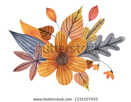Watercolor bouquet with flowers, leaves and branches. Hand drawn illustration.