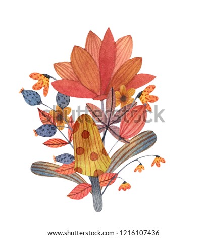 Watercolor bouquet with flowers, leaves, grass, mushroom. Hand drawn illustration.