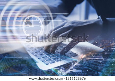 Scrum methodology, Agile software development, digital technology, big data concept. Coding software developer working on laptop computer with icons of scrum agile development VR screen Royalty-Free Stock Photo #1216128676